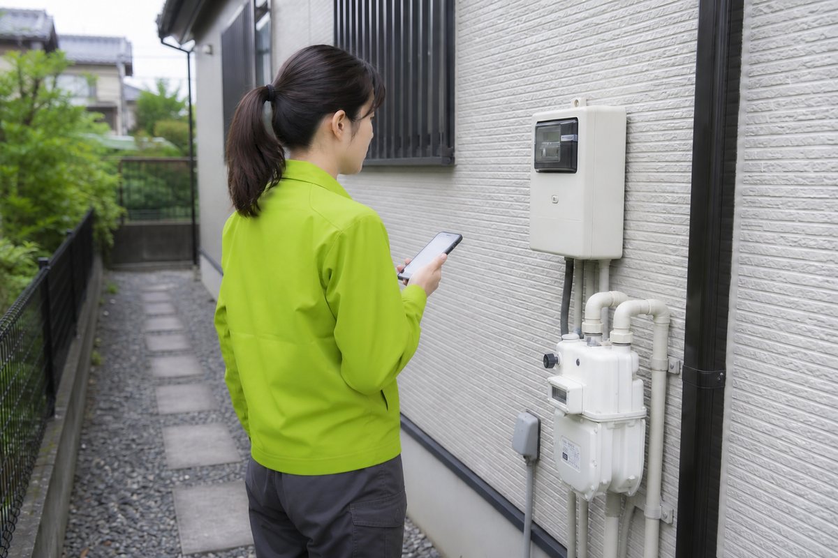 空き家のメーターを確認するスタッフ